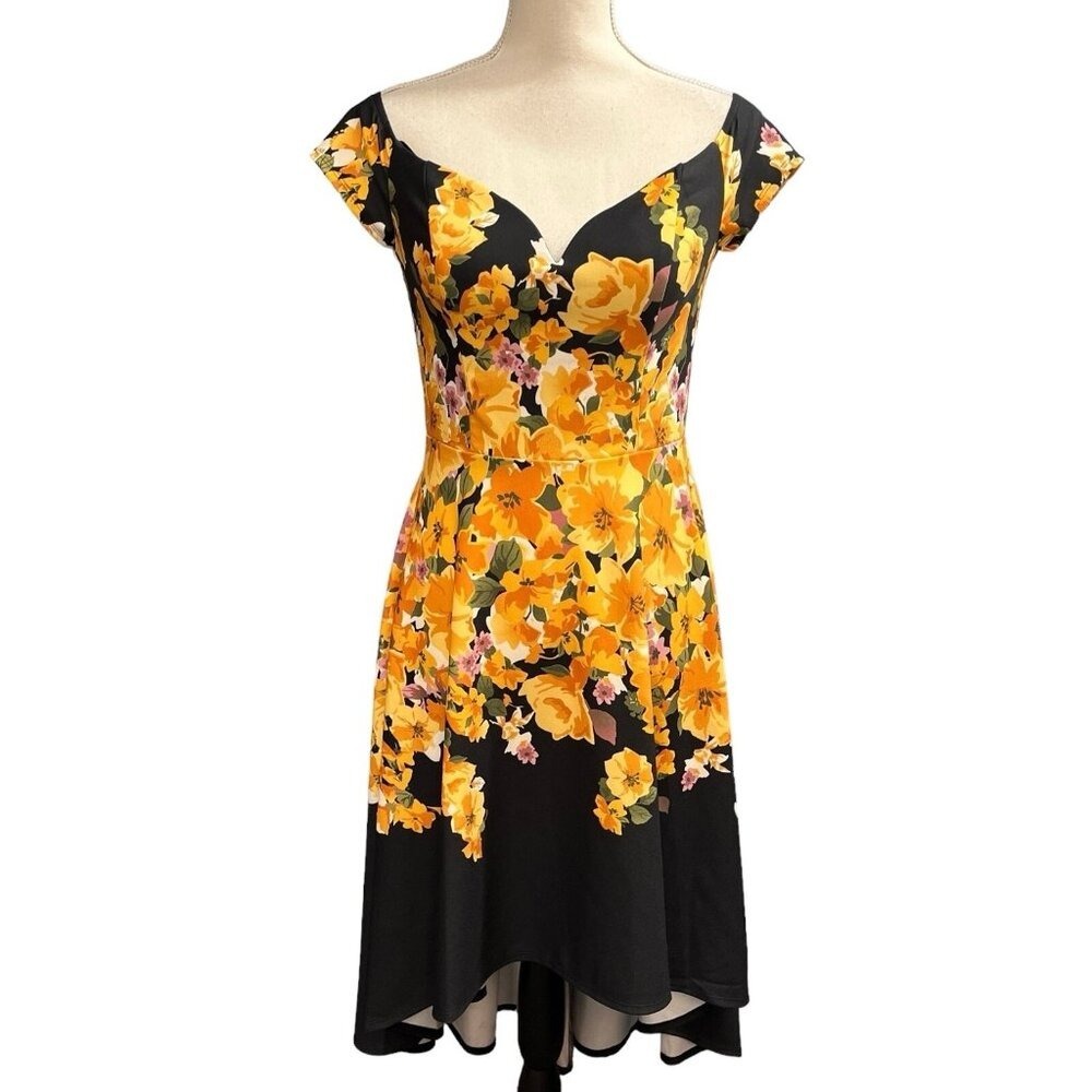 Premier Amour Dress Black Yellow Floral A Line Size 6 Retro Pin Up Swing Event